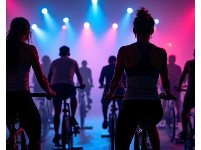 Pessoas a pedalar com energia numa aula de spinning com iluminação de clube e música animada
