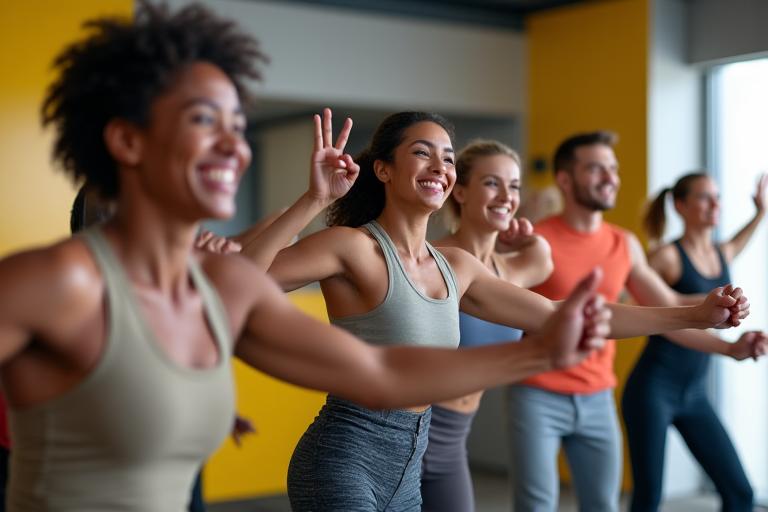 Pessoas a fazerem uma aula de grupo de fitness com energia e sorrisos