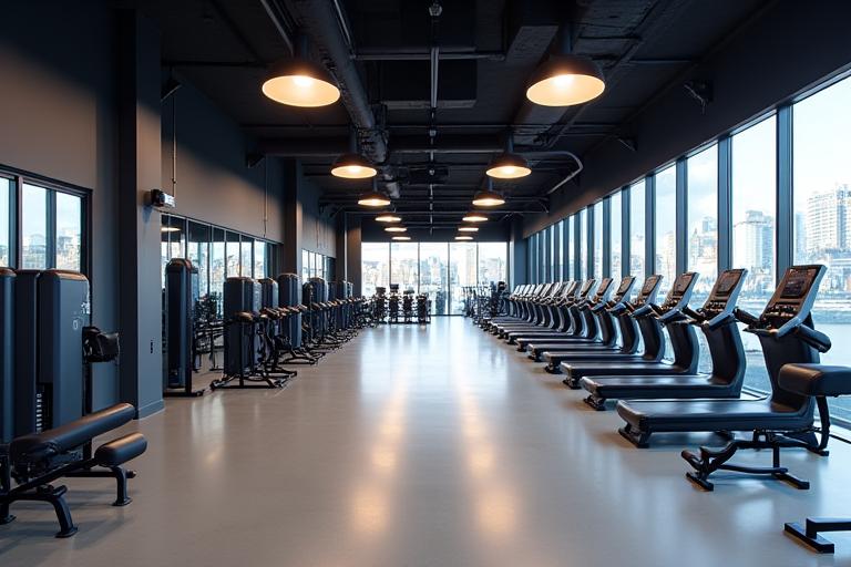Equipamento de musculação de última geração Technogym e Life Fitness num ginásio espaçoso e bem iluminado