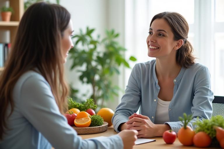 Nutricionista a discutir um plano alimentar saudável com um cliente numa mesa, com frutas e vegetais ao fundo