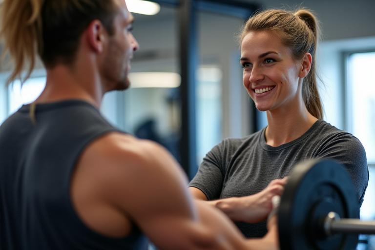 Personal trainer a ajudar um cliente com um exercício de levantamento de peso num ginásio moderno