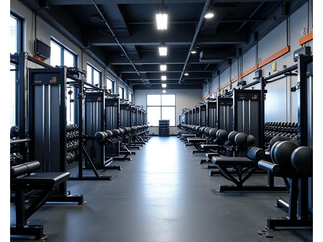 Máquinas de musculação modernas e pesos livres numa área espaçosa e bem iluminada.
