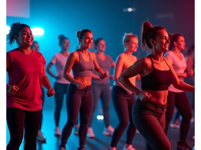 Pessoas participando ativamente numa aula de grupo de fitness com um instrutor motivador.
