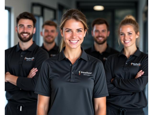 Grupo de treinadores profissionais de ginásio sorrindo e posando na área de treino.
