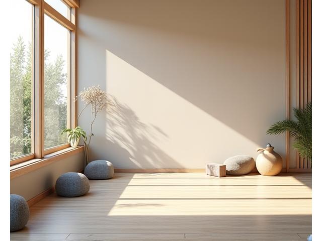 Um estúdio de fitness calmo com tapetes de yoga, blocos e luz natural.