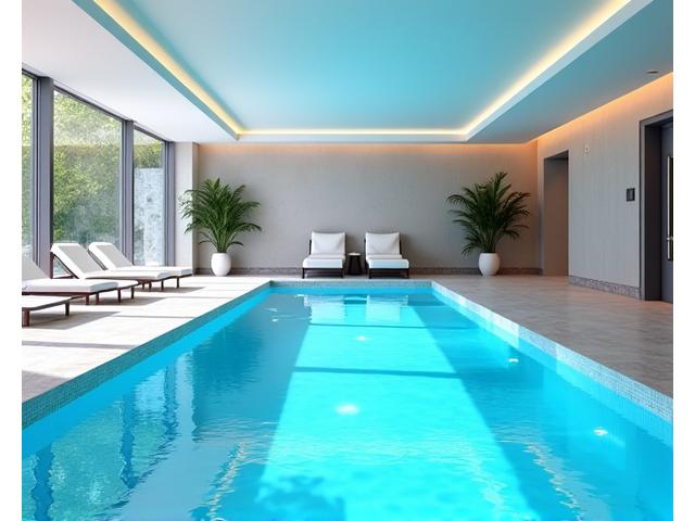 Piscina interior clean e moderna com azulejos azuis e iluminação ambiente.