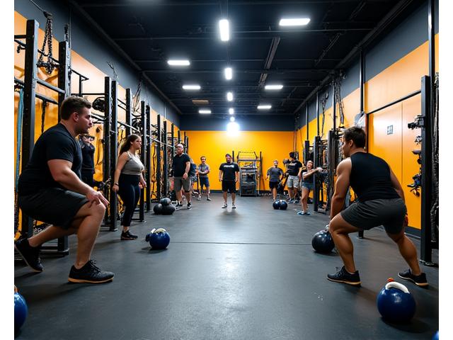 Área de treino funcional com kettlebells, cordas e bandas de resistência.