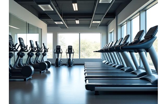 Interior moderno do ginásio com aparelhos de cardio