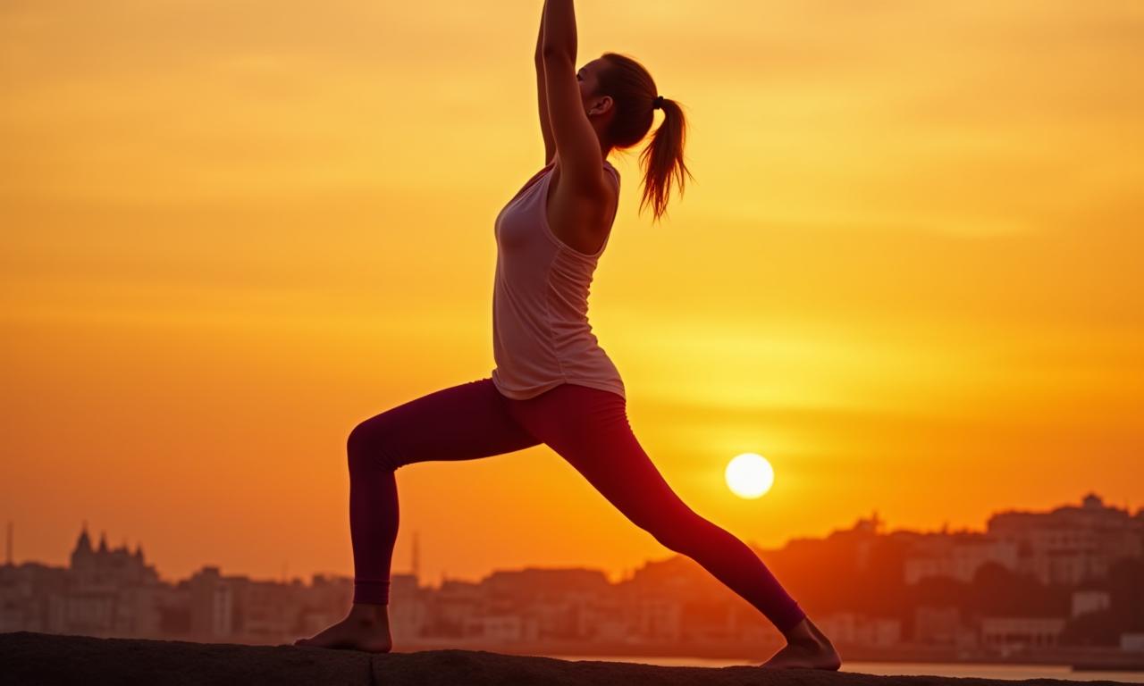 Mulher a fazer yoga ao nascer do sol, transmitindo calma e energia